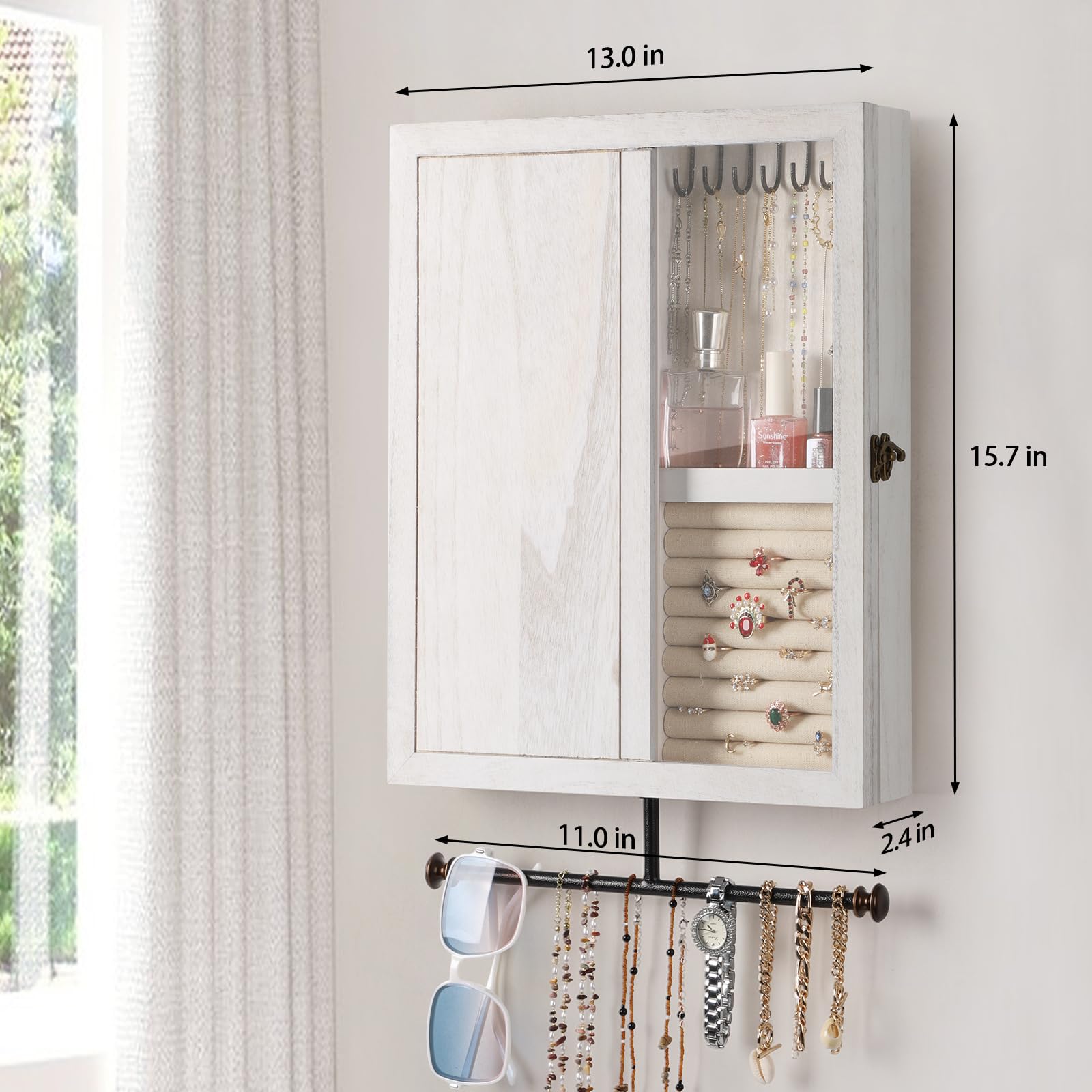 Keebofly Keebofly Wall Mounted Jewelry Organizer With Rustic Wood Large Space Jewelry Cabinet, Holder, Storage Box for Necklaces, Earrings, Bracelets, Ring Holder, and Accessories White