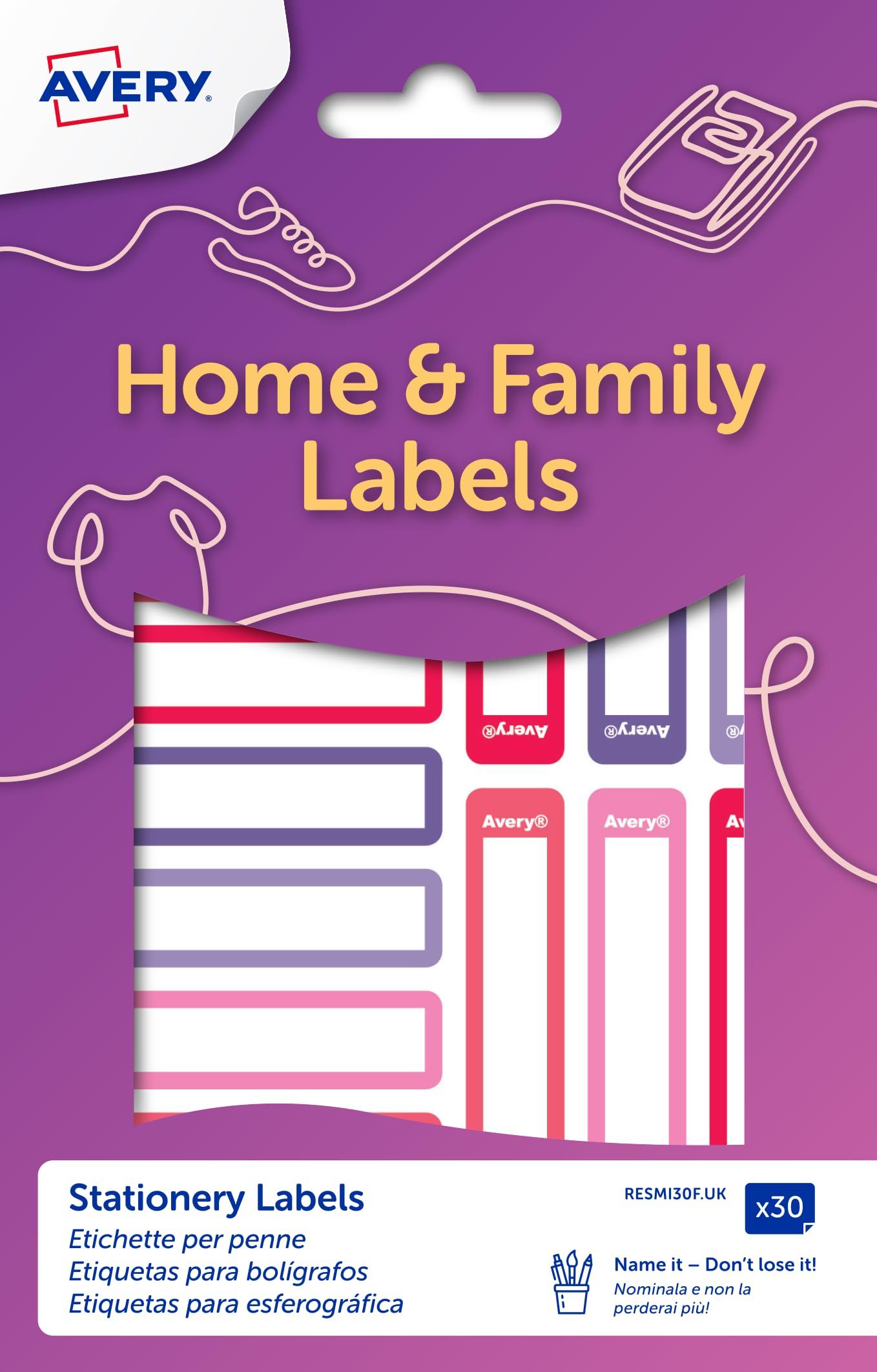 Avery Pink/Purple Stick-On Naming Labels for Pens, Stationery, School Books & Personal Items – Durable Waterproof 50 x 10 mm Adhesive Stickers, 30 Pack (RESMI30F.UK)