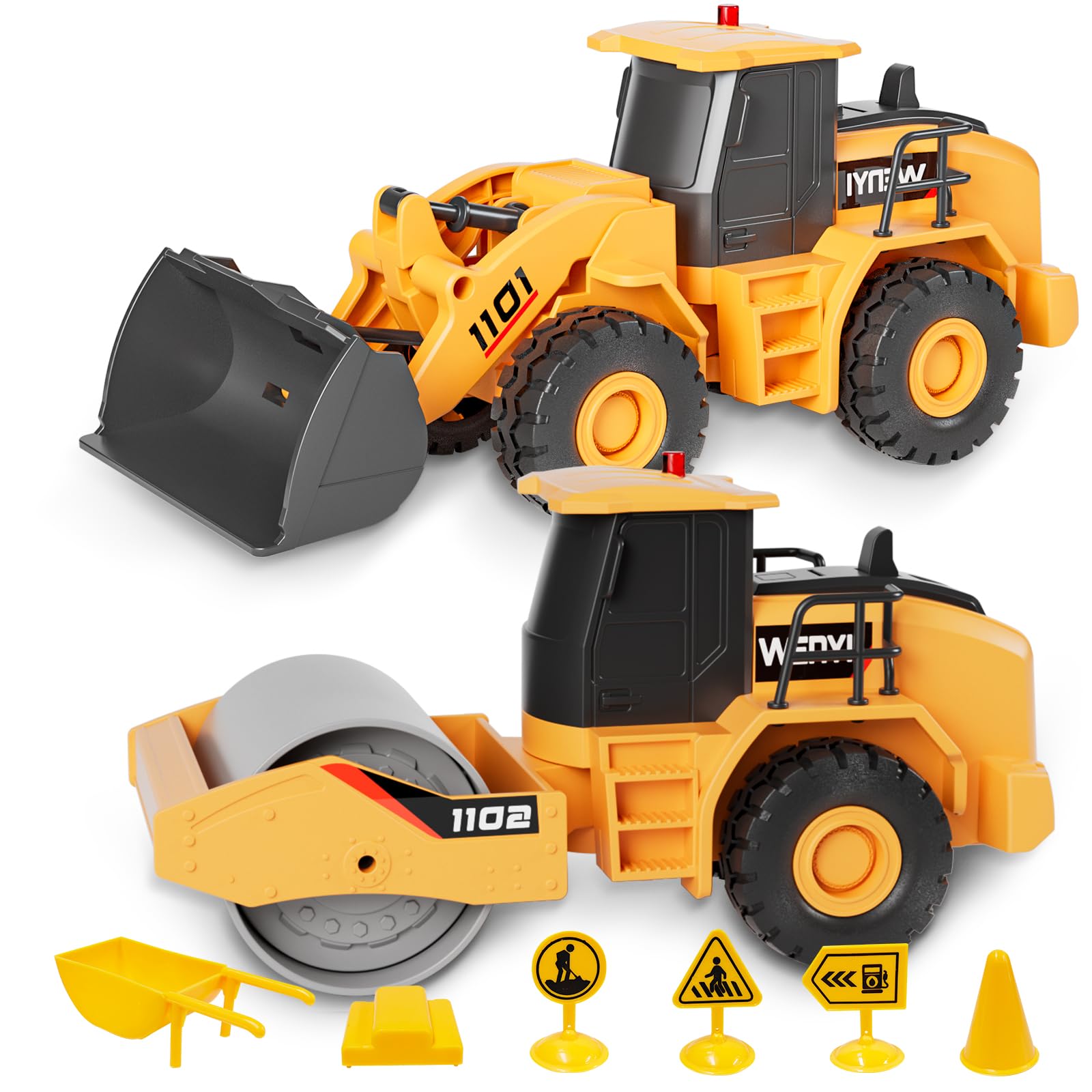 TOYABI 2Pcs Construction Toys, Bulldozer Steamroller Truck Toys with Music & Light, 1:32 Simulation Model, Gift for Boys Girls Children Age 3 4 5 6 7 8