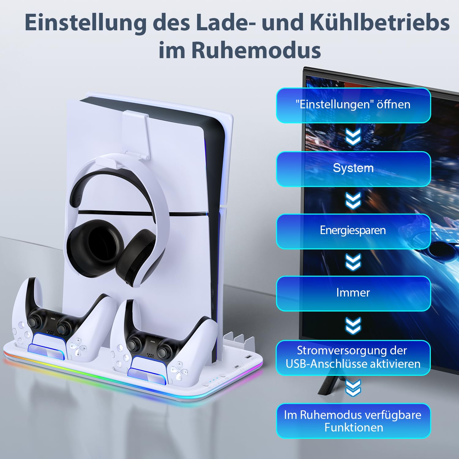 PS5 Stand Kühlständer für PS5/PS5 Slim/PS5 Pro, ps 5 ständer mit 3 Stufen Lüfter/RGB, Dual ps5 Controller Ladestation/Headset Halter/USB-Anschluss/15 Game-Slots, PS5-Zubehör,Weiß 7