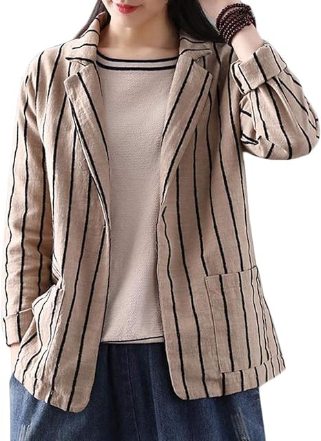 Amazon Zhongjue ジュージェン ジャケット レディース テーラード ゆったり スーツ ストライプ柄 一つボタン おしゃれ 綿 麻 アウター カジュアル フォーマル テーラードジャケット オフィス 通勤 秋 Freesizeカーキ コート ジャケット 通販