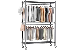 Homdox Rolling Garment Rack with Double Rod, Heavy Duty Clothing Rack with Shelves, Portable Clothes Rack, Free Standing Wardrobe Rack, with Lockable Wheels & Hanging Hooks, Max Load 450 LBS, Black