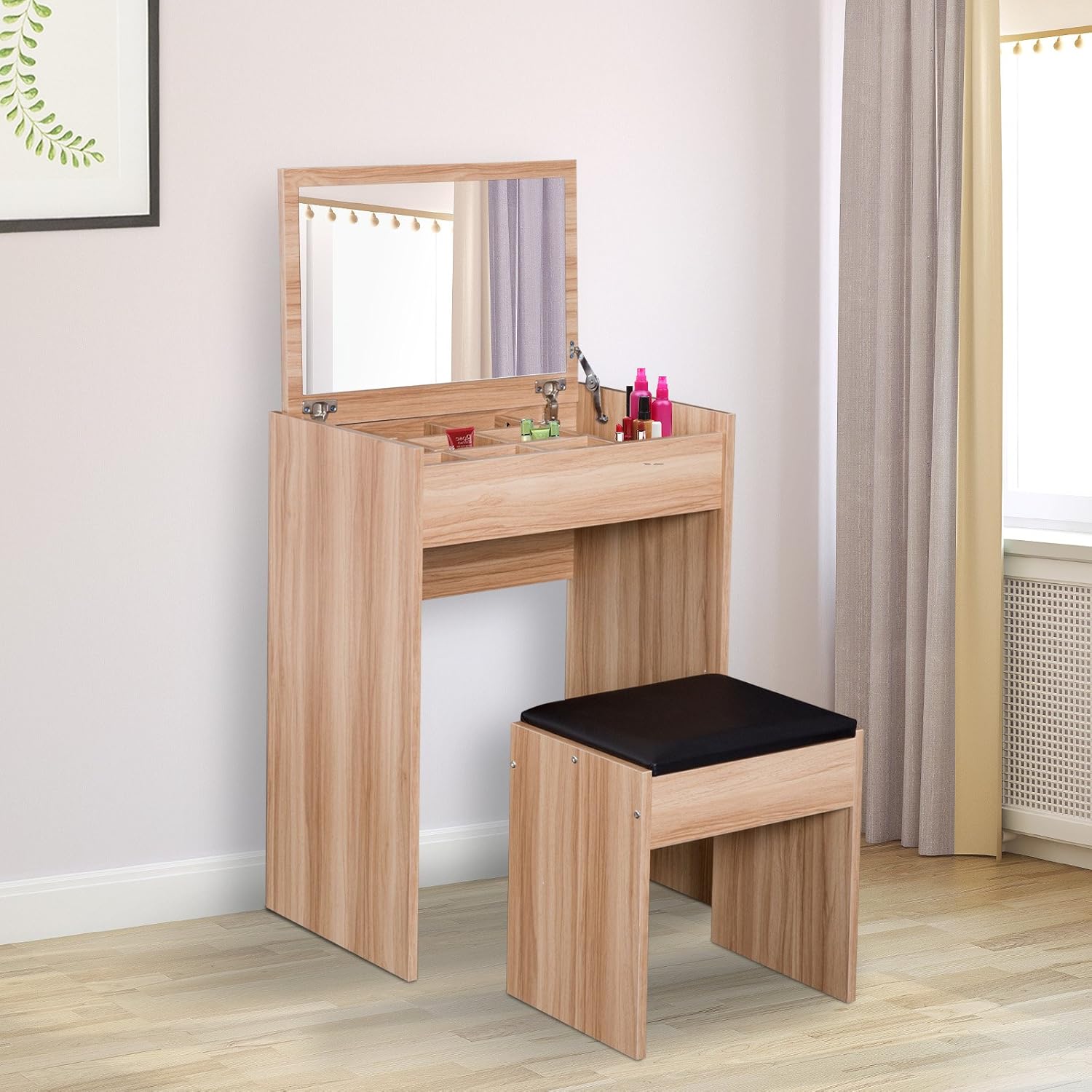 HOMCOM Dressing Table with Mirror and Stool, Vanity Makeup Table with Flip Up Mirror - Image 4