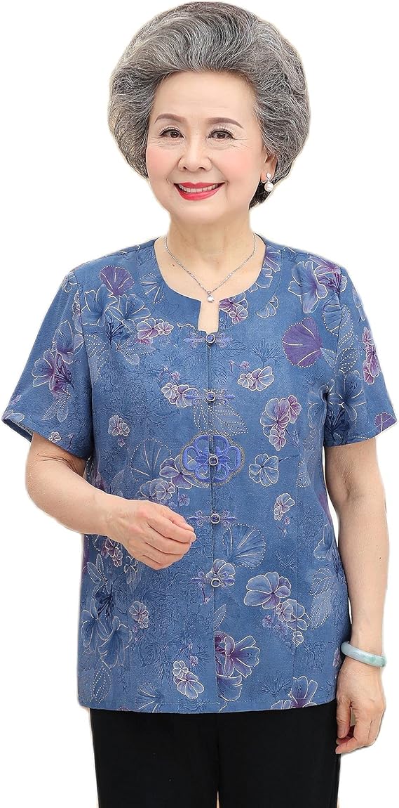 Amazon 柑九珍 シニアファッション 女性 半袖 チャイナ ボタン 花柄 薄い シャツ 21 夏 80代 レディース トップス 上着 お年寄り シフォン ブラウス シャツ ブラウス 通販