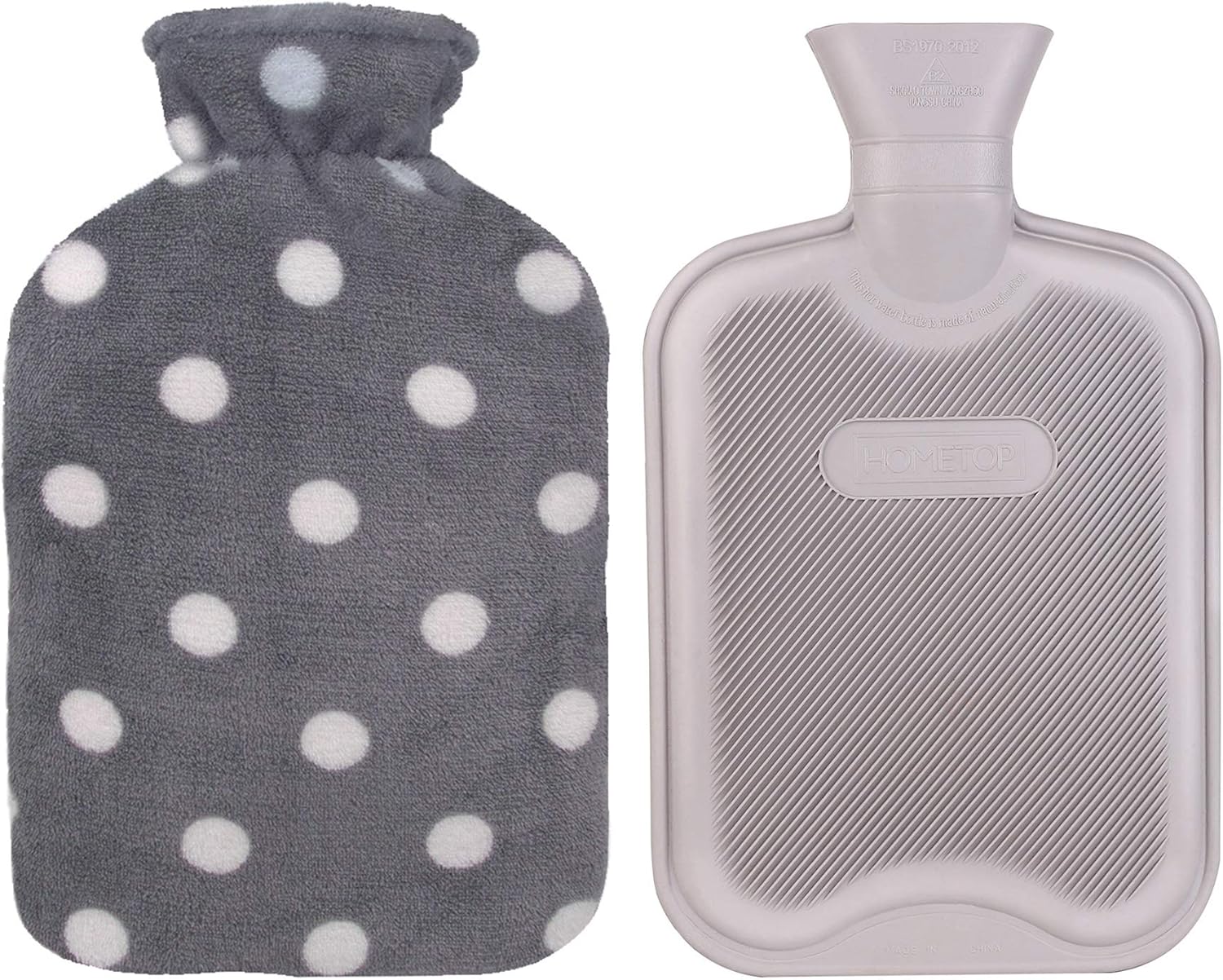 HomeTop Premium Classic Rubber Hot or Cold Water Bottle with Soft Fleece Cover (2 Liters, Purple/Gray Polka Dot): Health & Personal Care