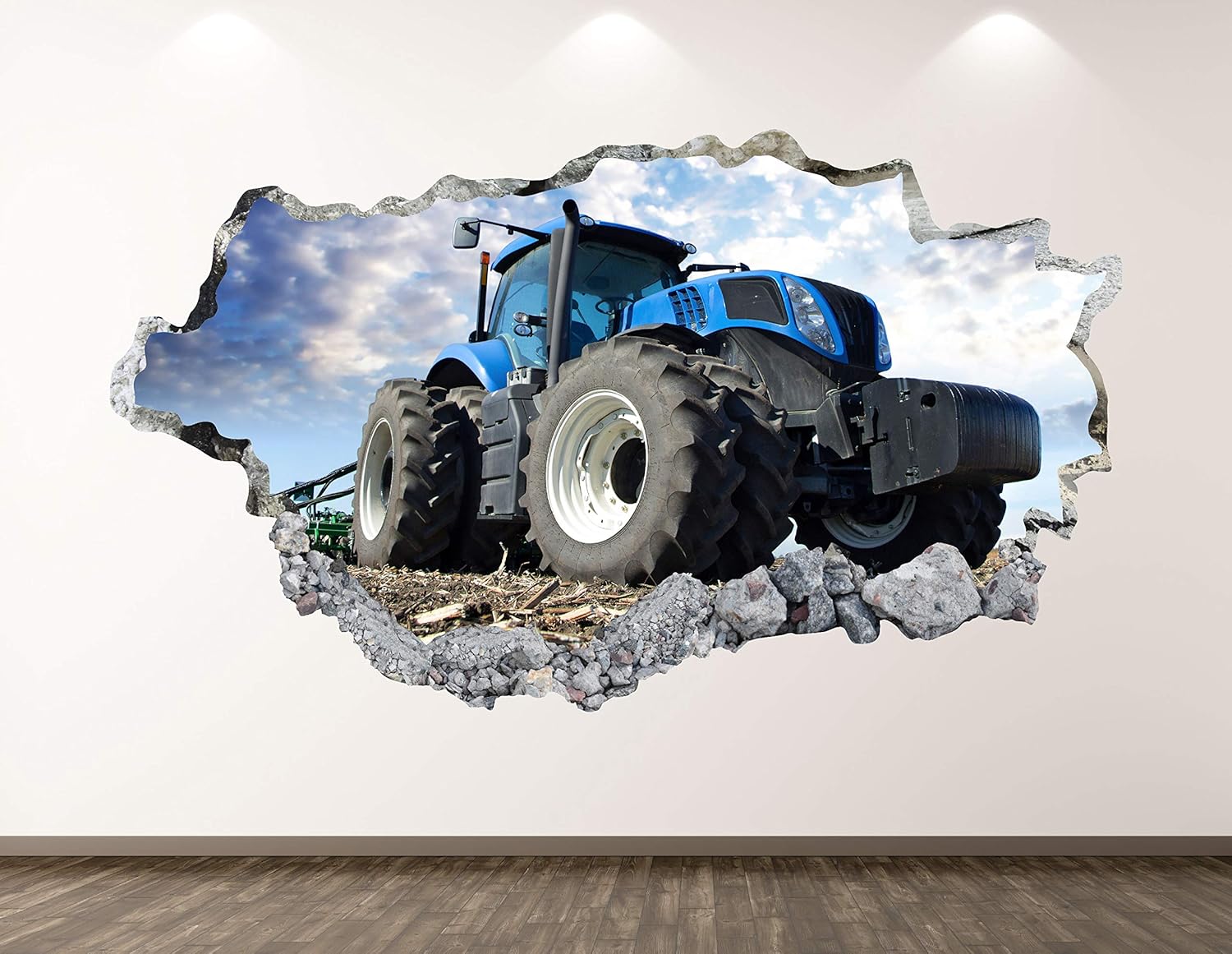 West Mountain Blue Farm Tractor Wall Decal Art Decor 3D Smashed Truck Sticker Mural Kids Room Custom Gift BL90 (42