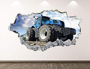 West Mountain Blue Farm Tractor Wall Decal Art Decor 3D Smashed Truck Sticker Mural Kids Room Custom Gift BL90 (42