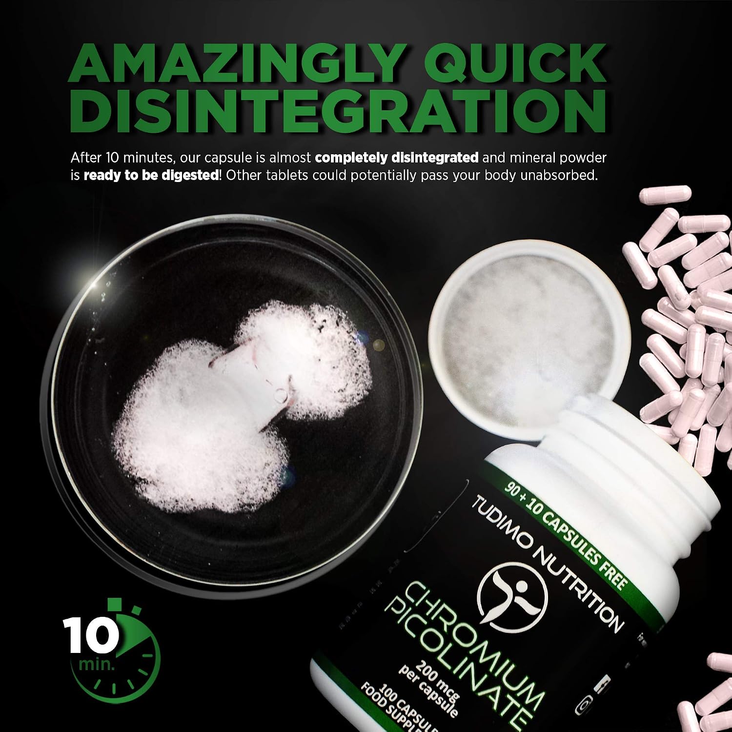 Chromium Picolinate 200mcg Capsules, 100 pcs (3+ Month Supply) of Rapidly Disintegrating Capsules - Image 4