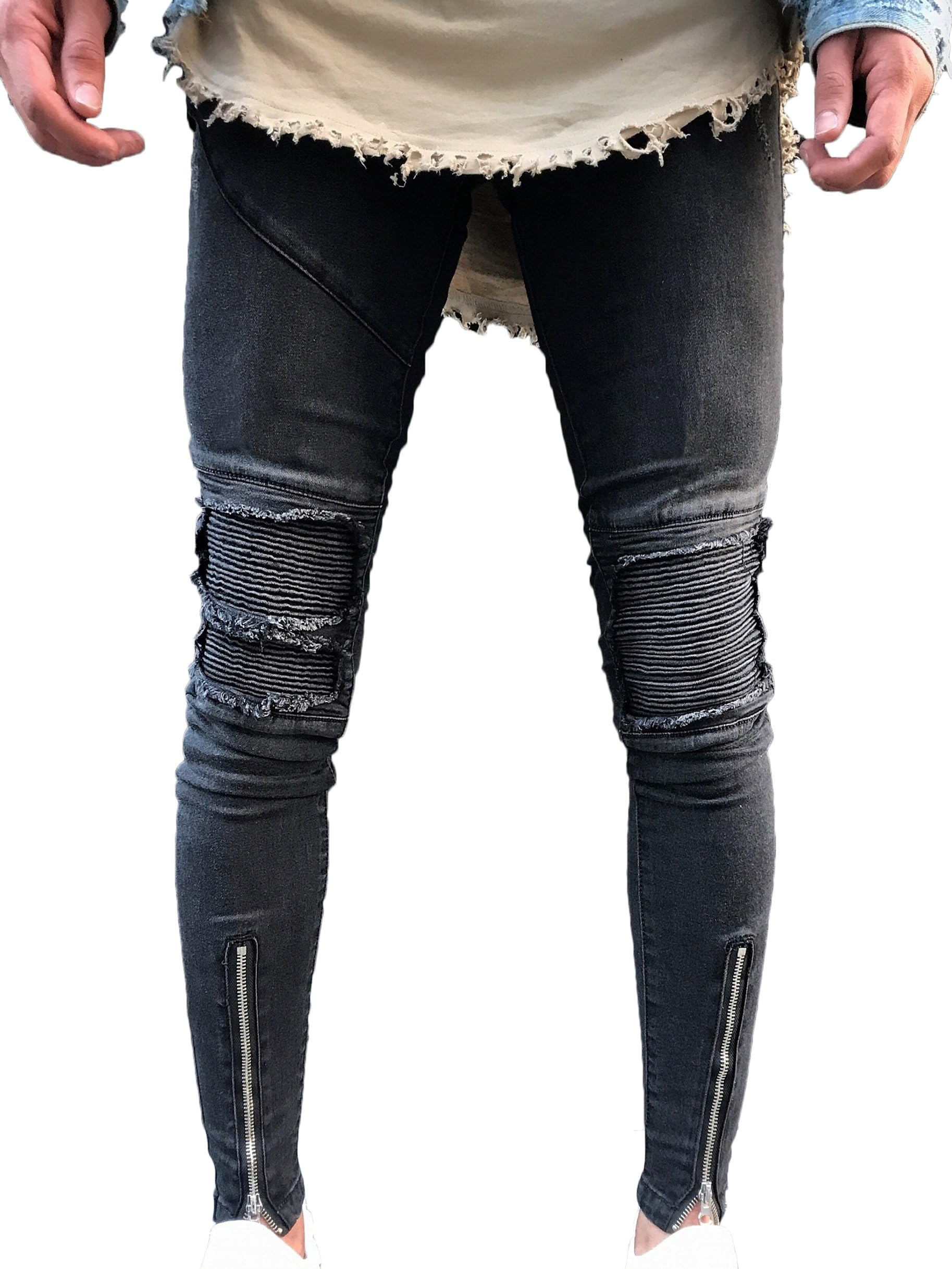LOSIBUDSA Men's Skinny Slim Fit Straight Ripped Destroyed Distressed Zipper Stretch Knee Patch Denim Pants Jeans