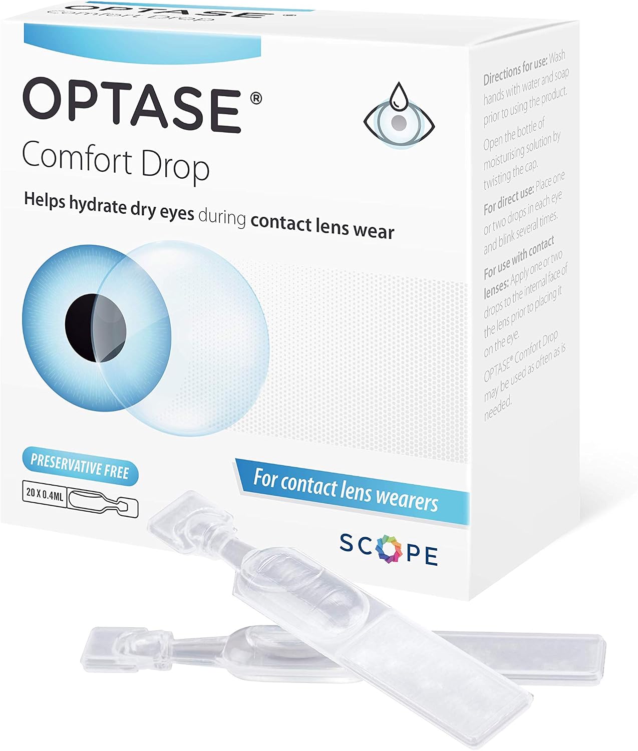 Optase Comfort Drop - Eye Drops to Help Hydrate Irritated and Dry Eyes During Contact Lens Wear - Preservative Free - 20 x 0.4ml Doses
