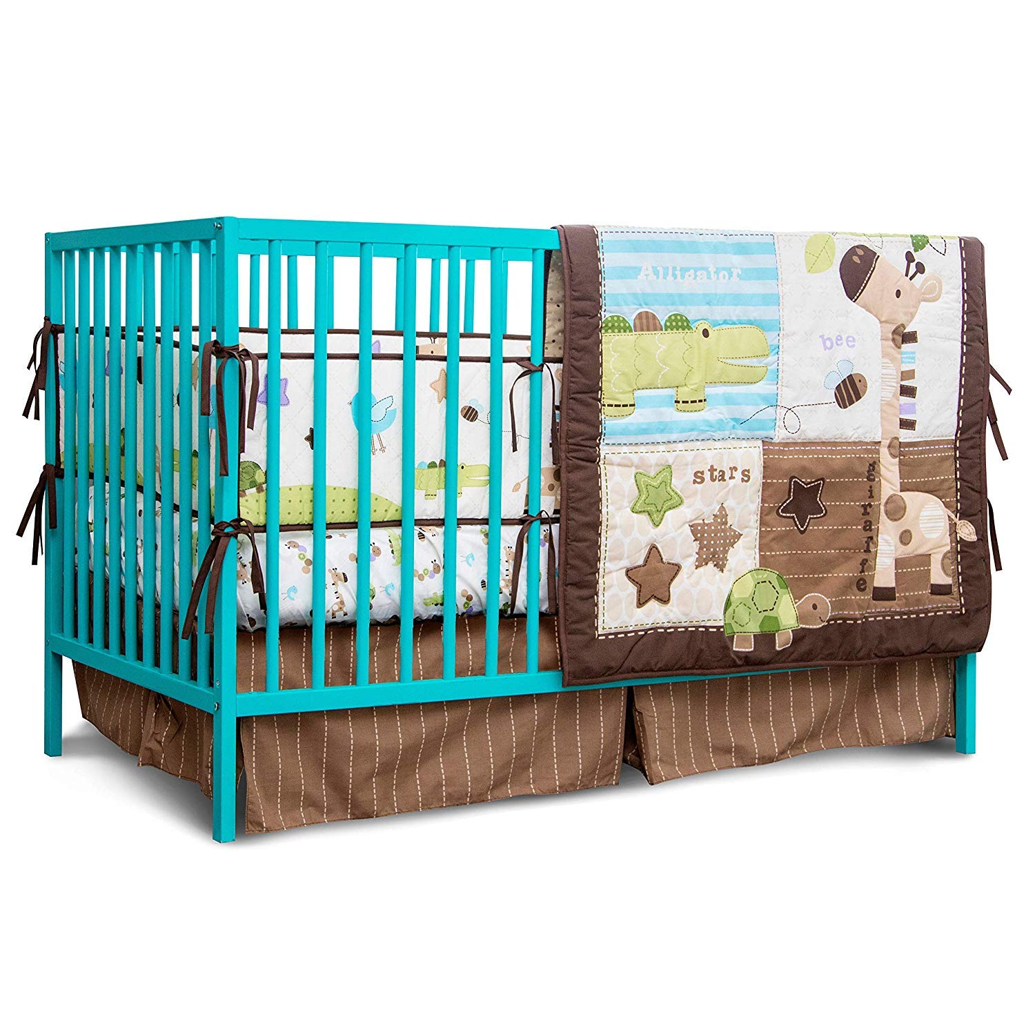 Spring Baby Crib Bedding Set 6 Piece Nursery Crib Bedding Set for Baby Boys and Girls, Including Comforter, Bumpers, Crib Sheet(Brown/Beige/Green-Jungle Animals-6 Piece)