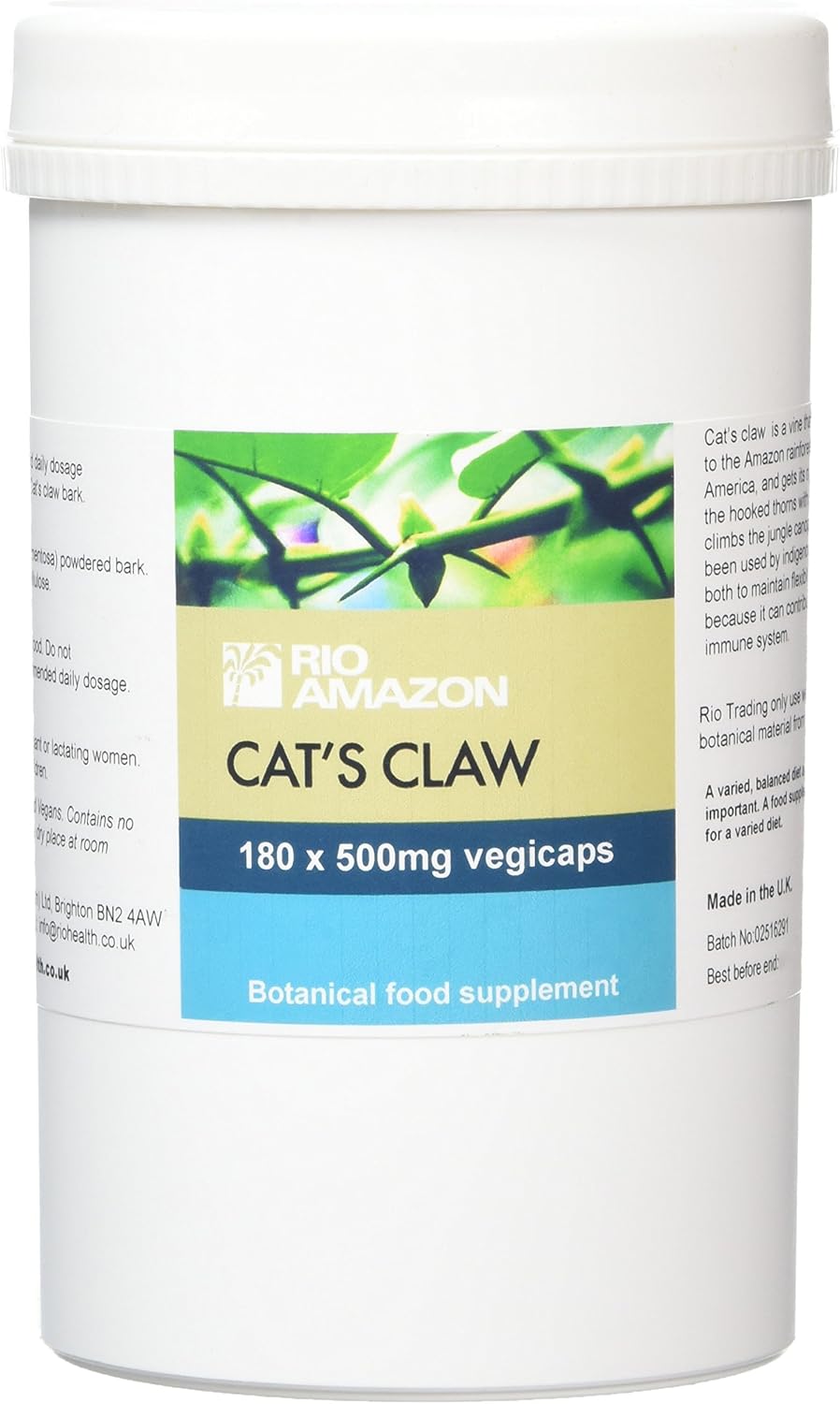 Rio Amazon 500 mg Cat's Claw Bark Vegetable Capsules Pack of 180