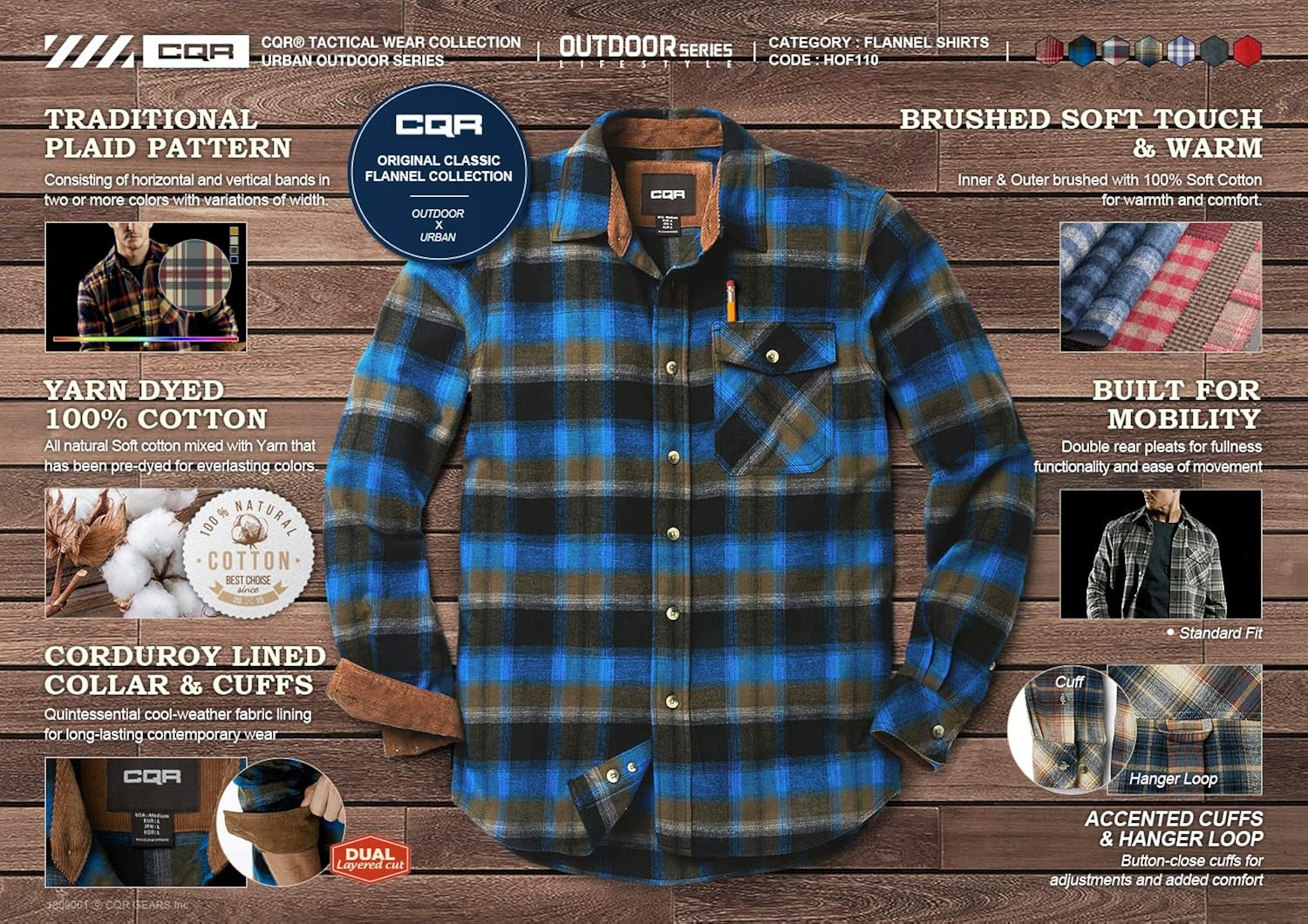 CQR Men's All Cotton Flannel Shirt, Long Sleeve Casual Button Up Plaid Shirt, Brushed Soft Outdoor Shirts: Clothing