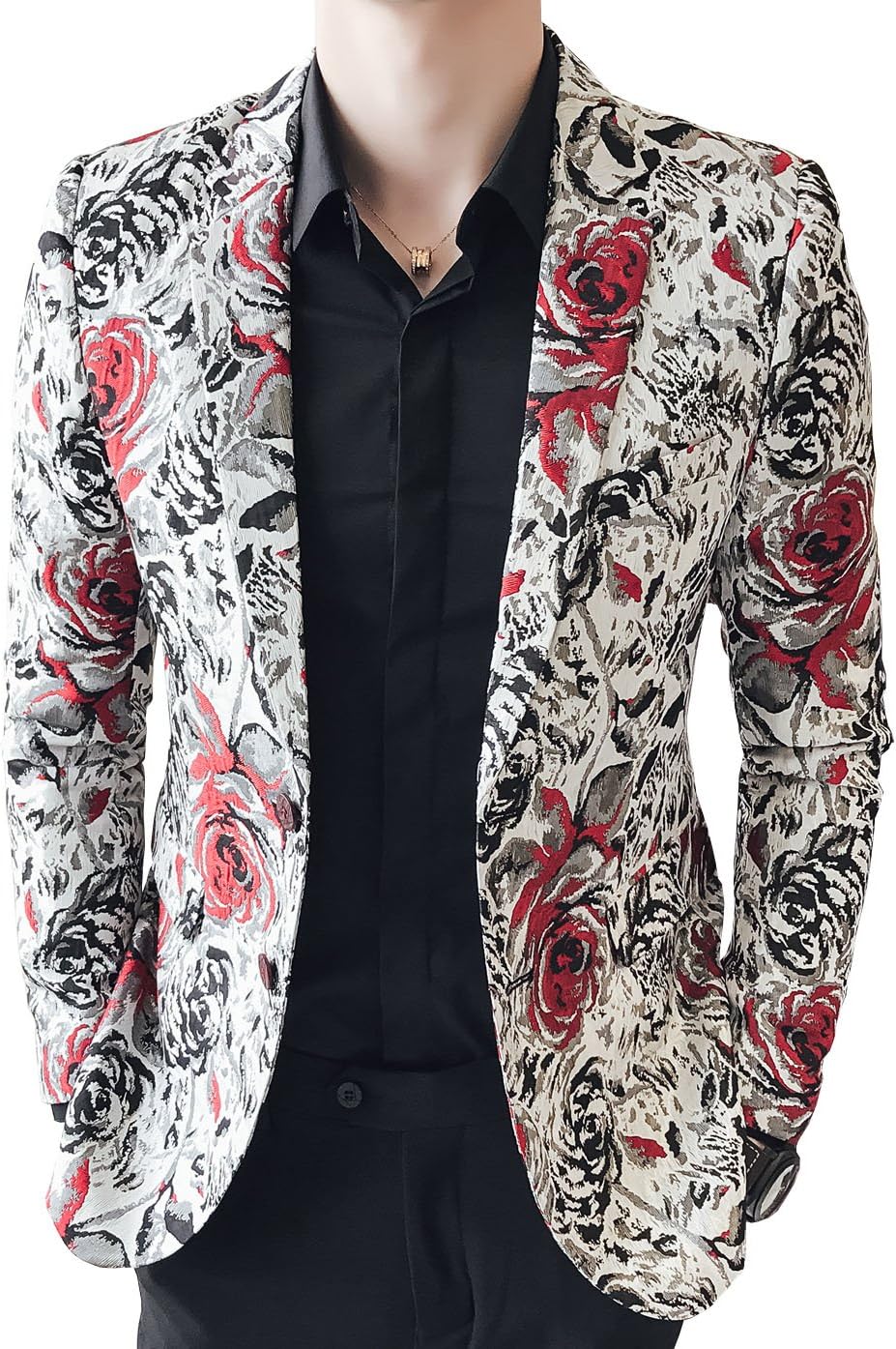 Men's Red Black Rose Print Casual Blazer