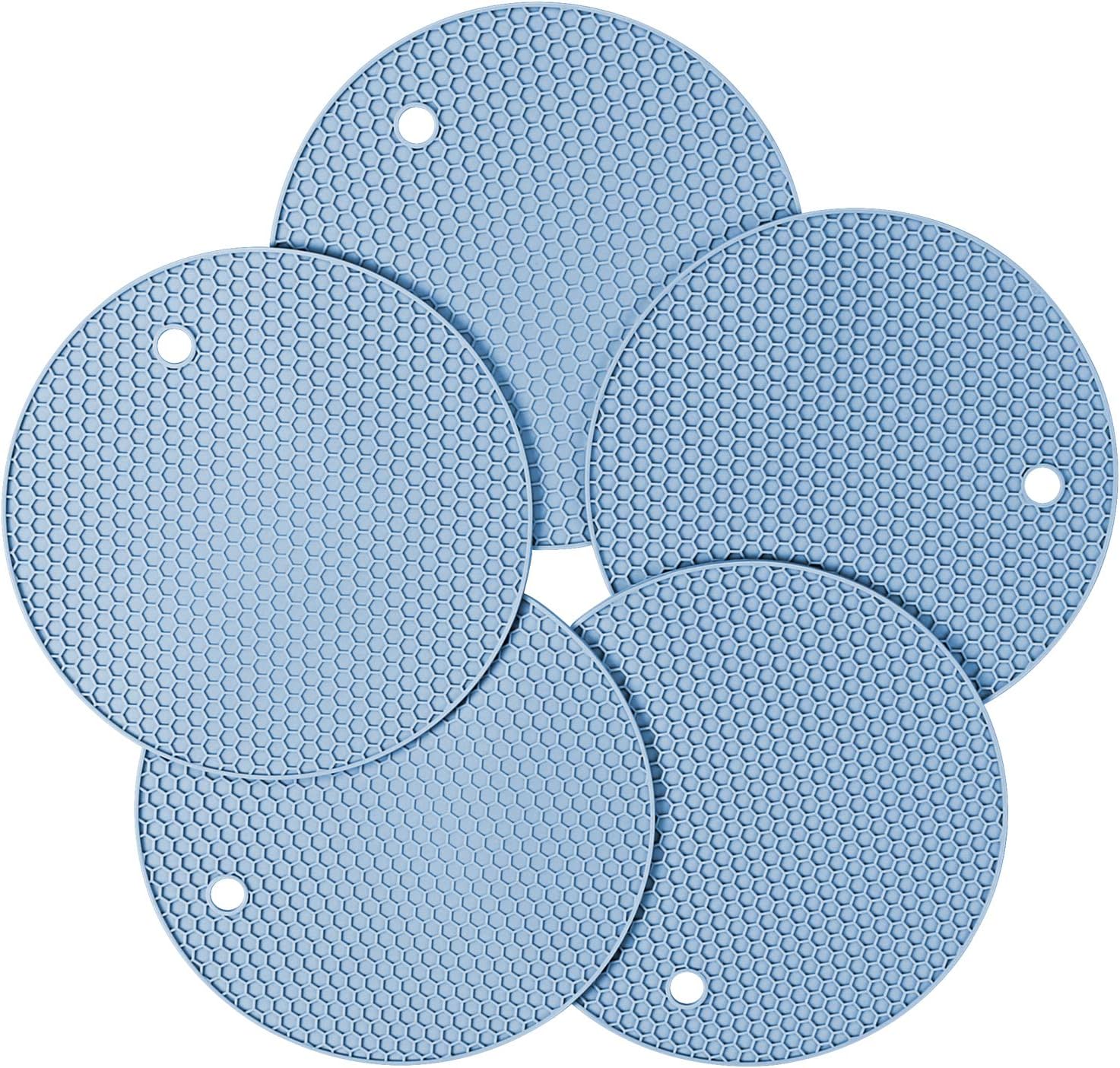 Silicone Pot Holders Trivets Mats, Multipurpose Non-Slip Insulation Honeycomb Rubber Plate Holder, Heat Resistant Antislip Hot Pads Trivet, 5 Pack (Light Blue)