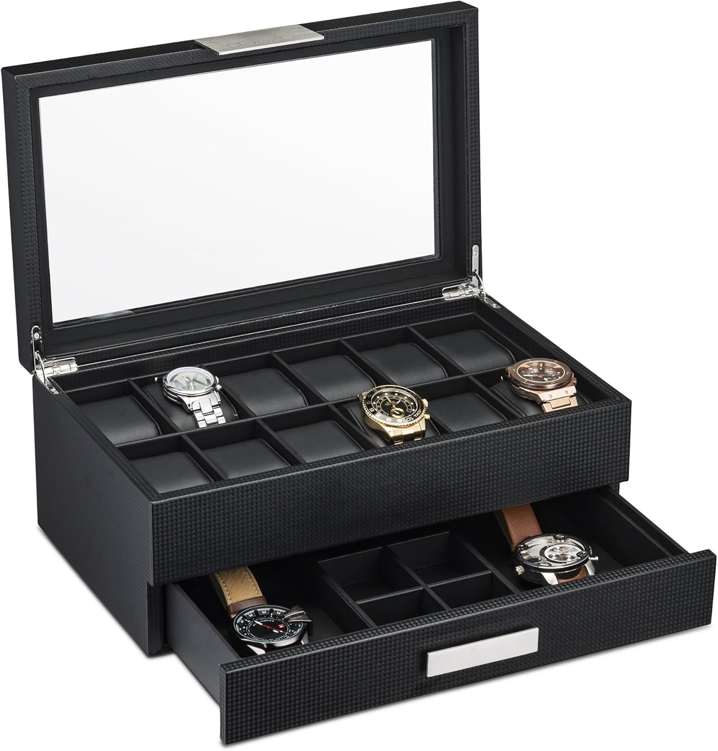 Glenor Co Watch Box with Valet Drawer for Men - 12 Slot Luxury Watch Case Display Organizer, Carbon Fiber Design - Metal Buckle for Mens Jewelry Watches, Men's Storage Boxes Holder has Large Glass Top: Home & Kitchen