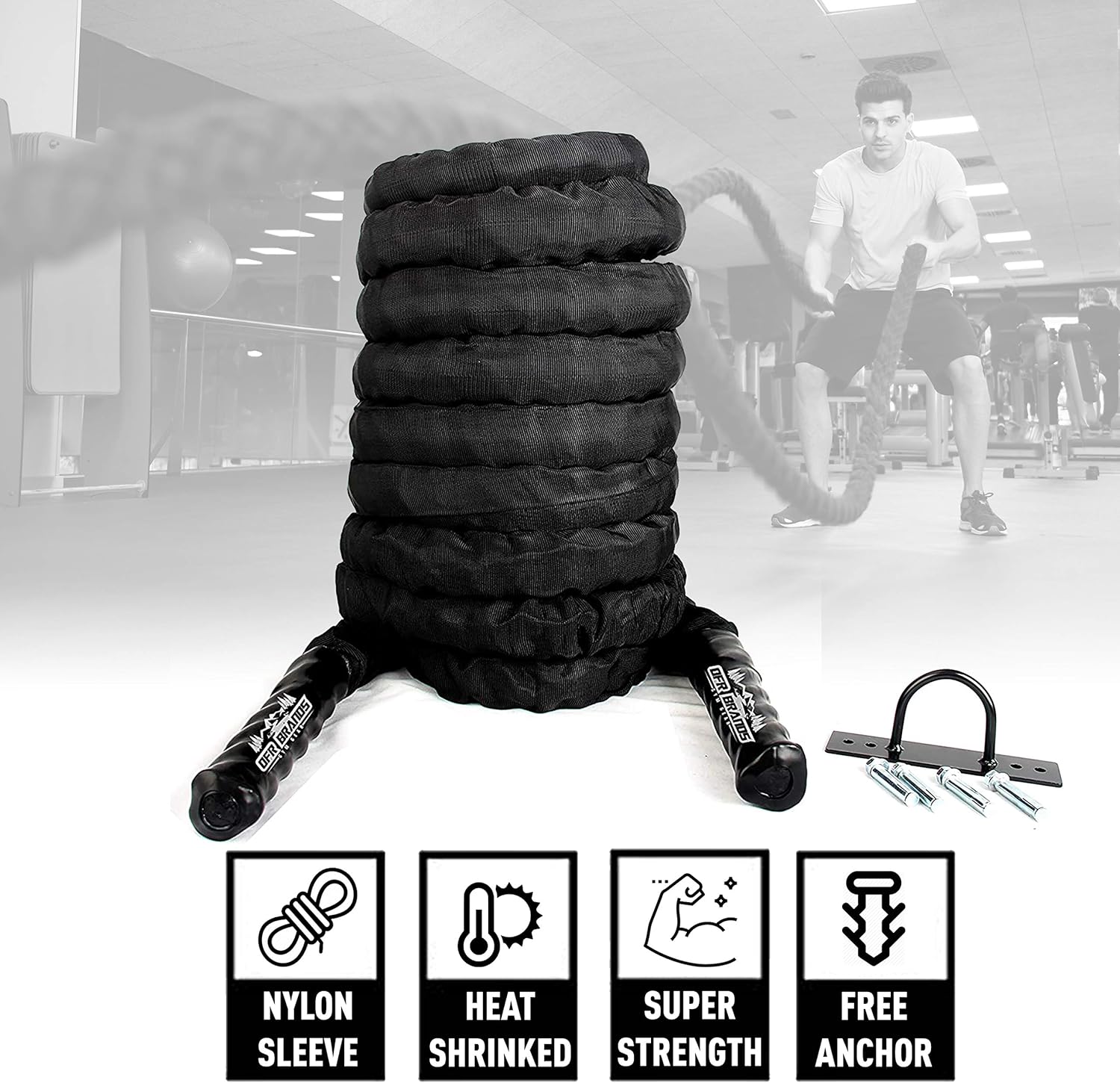 Offroading Gear 40'x1.5 Battle Exercise Workout Rope w/Anchor - Great for Strength Training & Conditioning - Crossfit/Gym : Sports & Outdoors