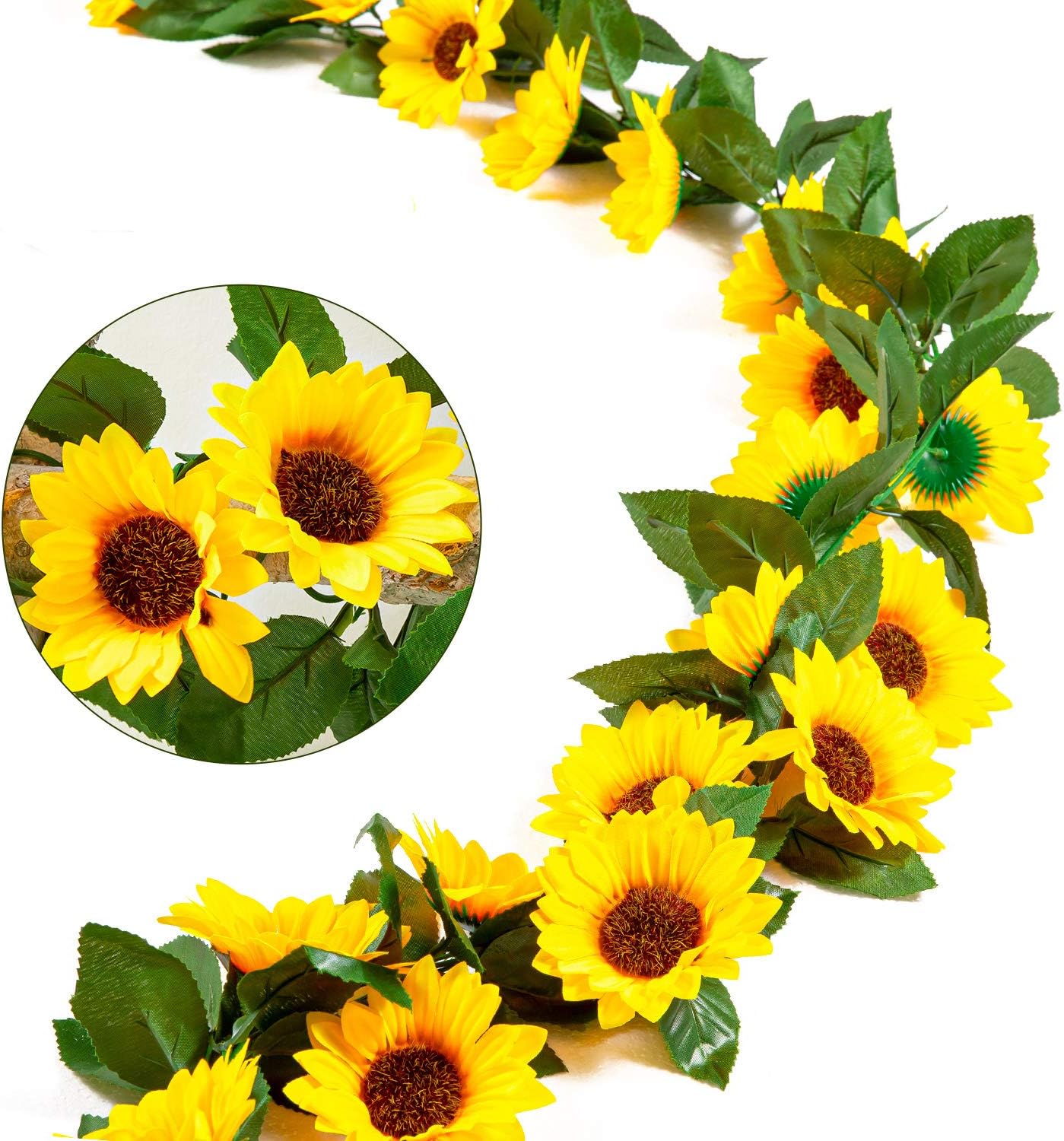 Whaline 2 Pack Artificial Sunflower Garland Silk Sunflower Vine Faux Flower Hanging Garland with Green Leaves Fake Floral Arrangement for Wedding Party Anniversary Home Office Table Centerpiece Decor