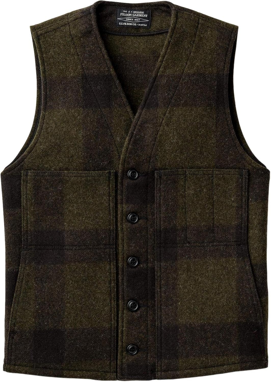 Filson Men's Mackinaw Wool Vest, Forest Green/Brown (XSmall) at Amazon Men’s Clothing store