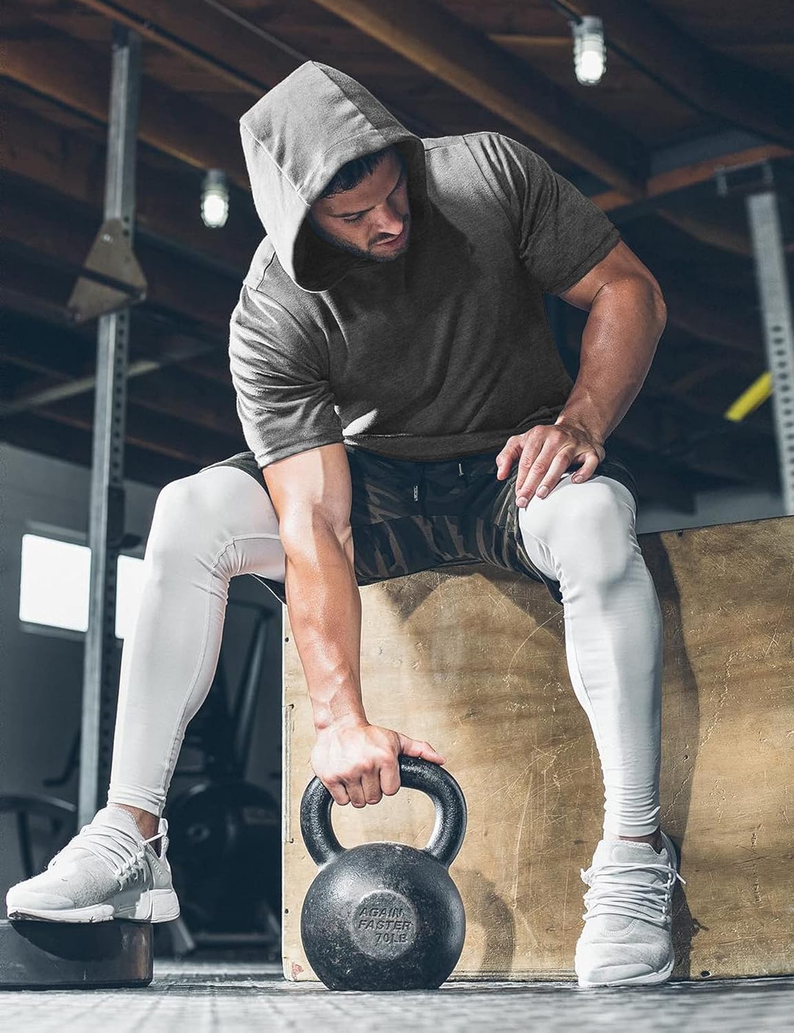 URRU Men's Workout Hoodie Tank Tops Short Sleeve Shirts Gym Fitness Stringers with Kanga Pocket Pockets S-XXL: Clothing