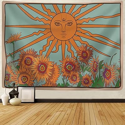 OCCIGANT Sun Sunflower Tapestry Bohemia Mandala Hand Drawn Medieval Europe Hippie Tarot Mysterious Orange Teal Watercolor Illustration Wall Art Blanket for Living Room Bedroom Dorm Room