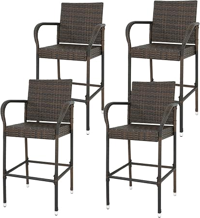 Amazon Com Lemy Outdoor Brown Wicker Rattan Bar Stool All Weather Patio Furniture Chair Set With Armrest And Footrest Set Of 4 Garden Outdoor
