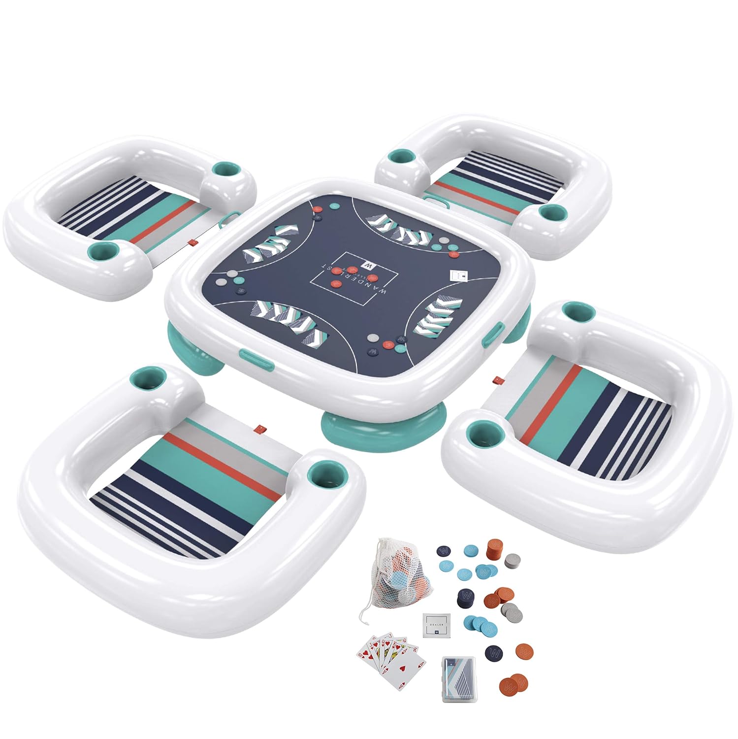 Wanderlust Collective Complete Inflatable Pool Poker Set With Floating Table And 4 Buoyant Lounge Chairs With Built In Cupholders Waterproof Playing