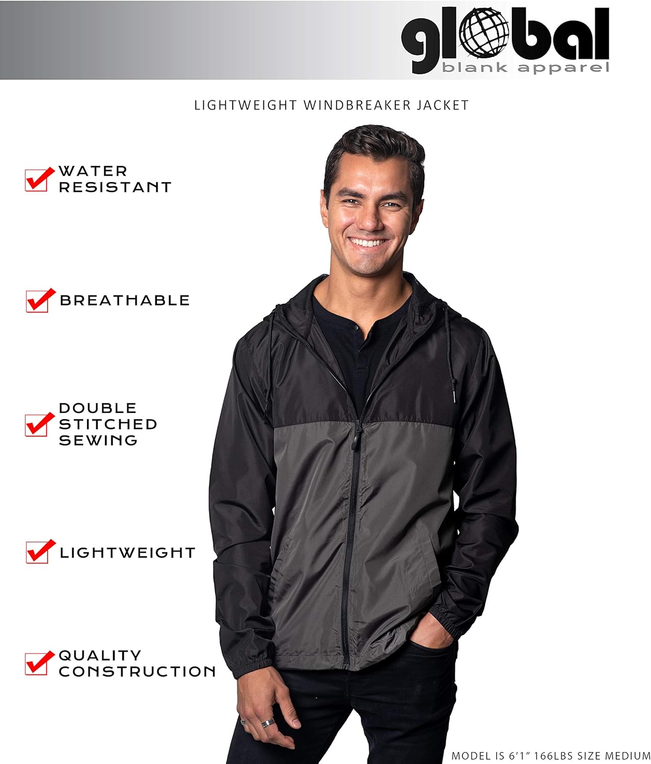 Global Blank Men’s Lightweight Windbreaker Winter Jacket Water Resistant Shell at  Men’s Clothing store