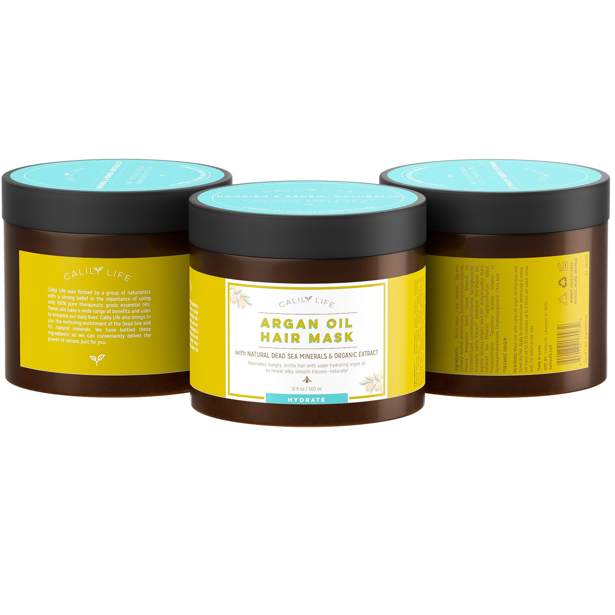 Calily Life Organic Moroccan Argan Oil Hair Mask with Dead Sea Minerals, 17 Oz. - Deep Conditioner and Nourishing - Promotes Healing & Hair Growth -Detoxifies, Strengthens, Shines & Softens [ENHANCED]