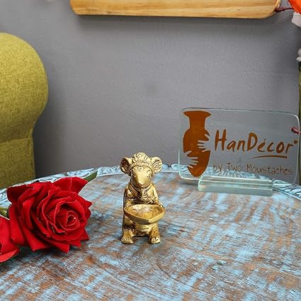 Two Moustaches Brass Home Decor Ganesha's Mouse Holding Oil Lamp Diya (Golden, 1.5 X 3.5 X 3 Inch)