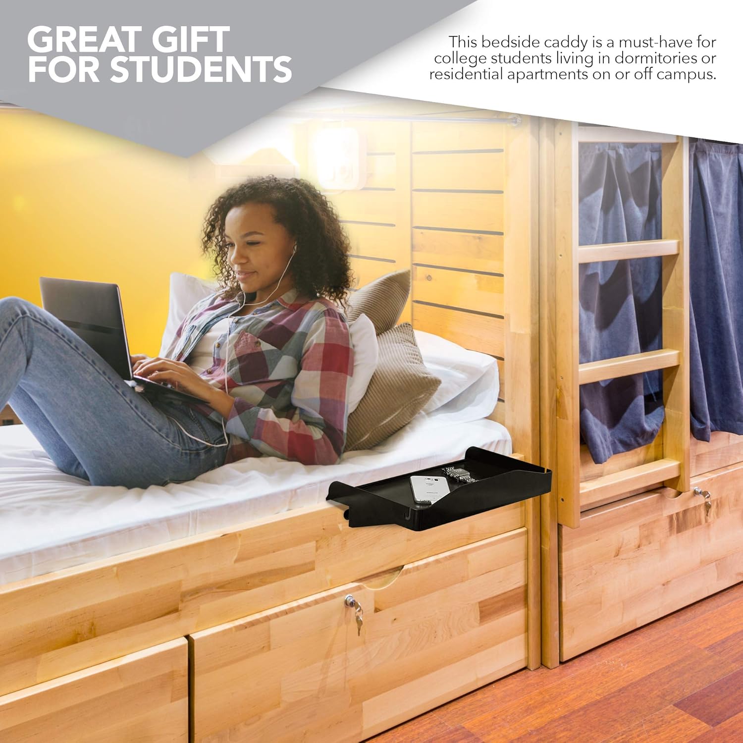 Bedside Shelf for Bed – College Dorm Room Clip On Nightstand with Cup Holder & Cord Holder - Nightstand for Students – Bunk Bed Shelf for Top Bunk – Kids Nightstand for Bedroom (Plastic, Black): Furniture & Decor
