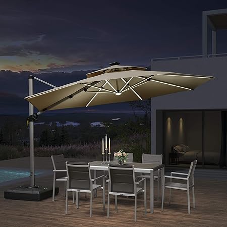 Amazon Com Purple Leaf 12ft Solar Powered Led Patio Umbrella Outdoor Round Umbrella Large Cantilever Umbrella With Led Lights Windproof Offset Umbrella Heavy Duty Sun Umbrella For Garden Deck Pool Patio Beige