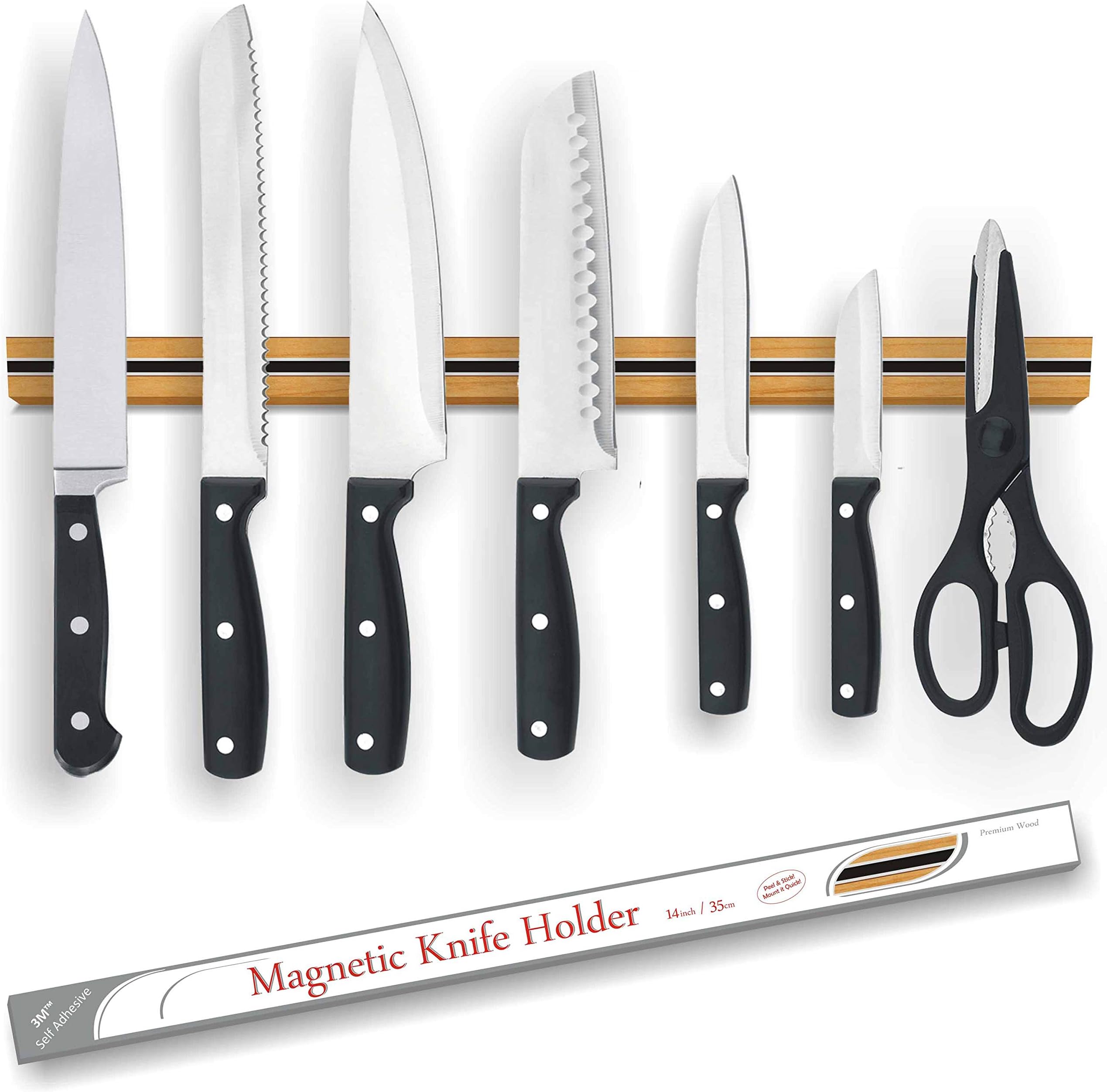 14" Magnetic Knife Strip | Premium Oak Wood | 3M™ Self Adhesive Foam Tape | Slim Design | Modern Kitchen Cabinet Organizer | Magnetic Knife Holder | Very strong magnetism | No Holes Drilling