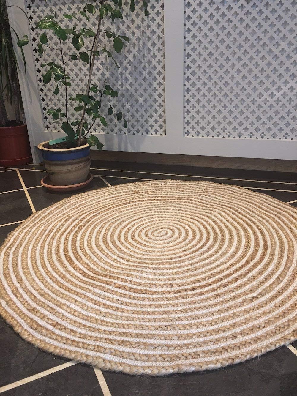 Second Nature Online Rug Fair Trade Round Beige & White Braided with Natural Jute & Cotton (90cm Diameter)
