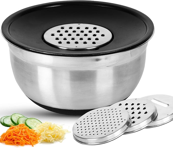 Evelyn Living Mixing Bowl with Splash Guard Lid and 3 Graters Stainless