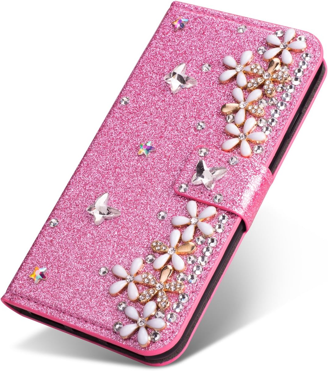 SevenPanda Luxury Fashion Bling PU Leather Wallet Case for Samsung Note 8, Diamond Glitter Crystal Rhinstone 3D Lucky Flowers Pattern Jewels Case - Pink