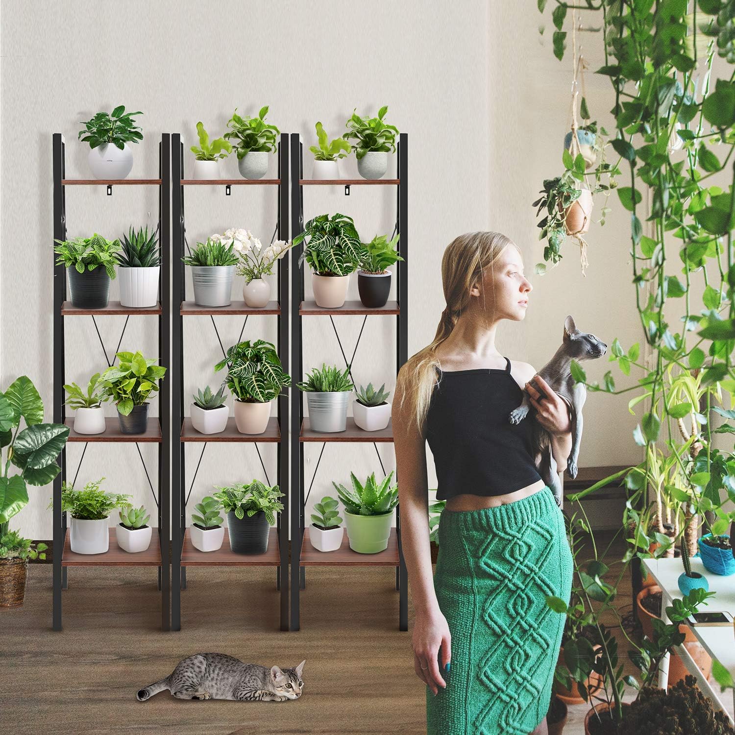 Industrial Ladder Shelf, 4-Tier Bookshelf, Plant Flower Stand, Multipurpose Organizer Rack for Home, Office, Living Room, Balcony, Bedroom by Pipishell: Furniture & Decor