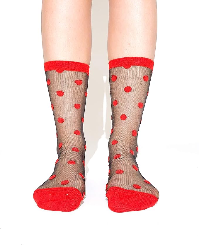 Women black stretch sheer socks detailed with red polka
