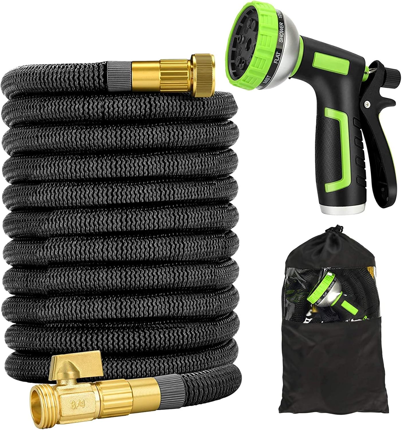 50FT Expandable Garden Water Hose with 10 Pattern Spray Nozzle, Solid Brass Connector, Double Latex Core Expanding Water Hose with Storage Bag