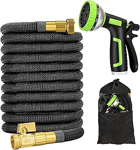 50FT Expandable Garden Water Hose with 10 Pattern Spray Nozzle, Solid Brass Connector, Double Latex Core Expanding Water Hose with Storage Bag