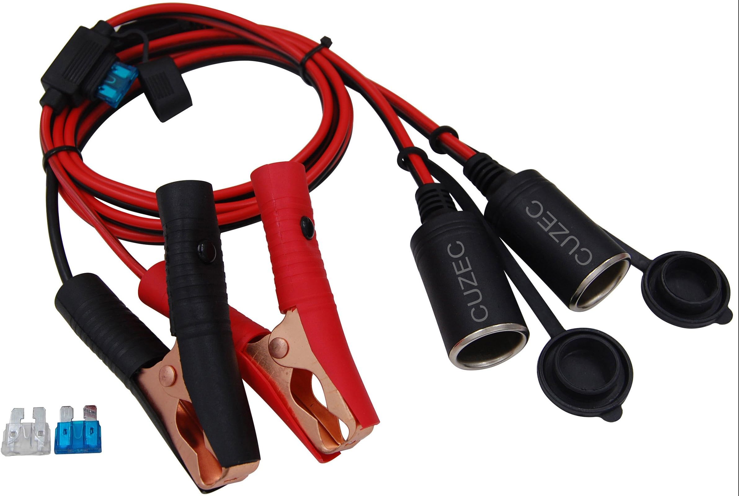 CUZEC 6ft / 1.8m 16 AWG Extension Cord Dual Plug Socket with Battery Clamp 12V/ 24V Battery Clip-On and Cigarette Lighter Adapter (CU10112)