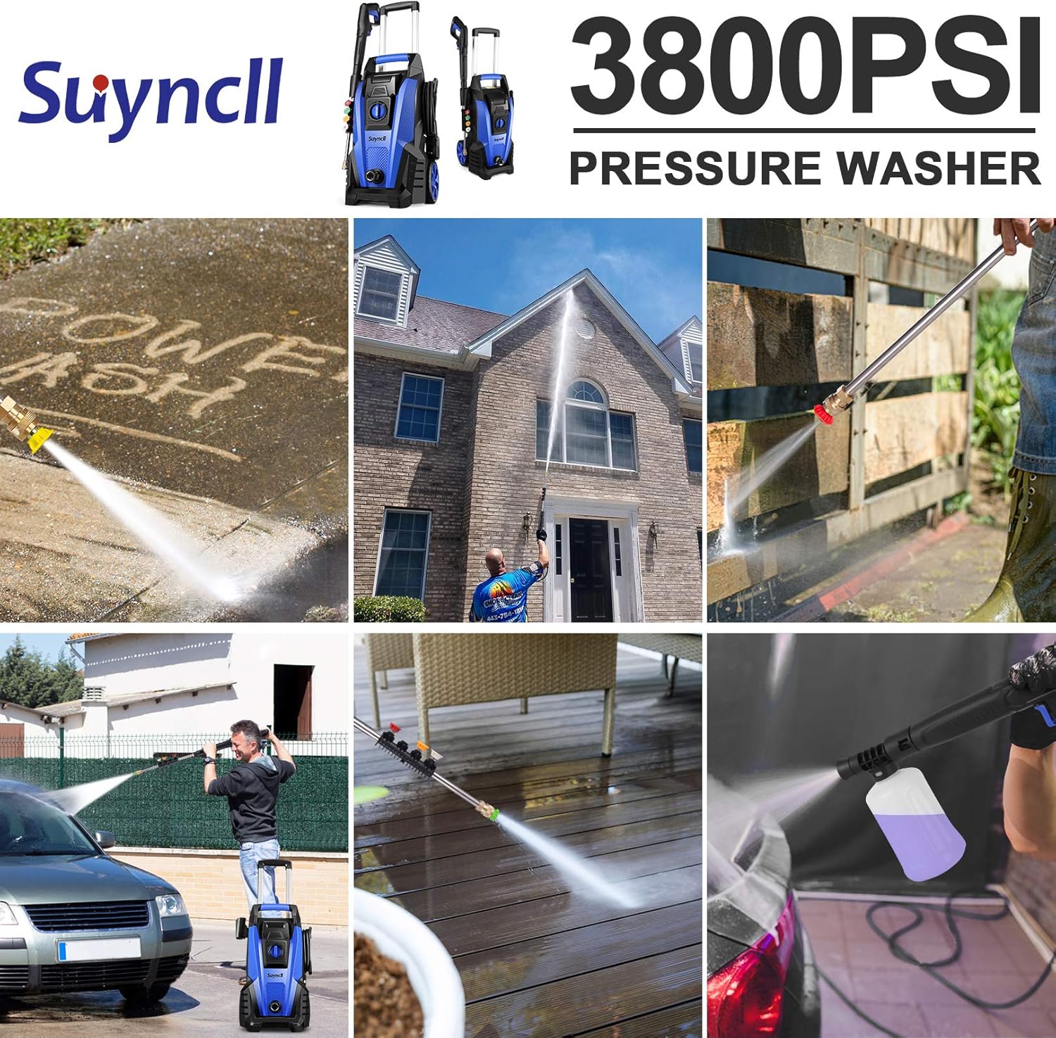 Suyncll Pressure Washer, 3800PSI Electric Power Washer, 2000W High Pressure Washer, Professional Washer Cleaner, with 4 Nozzles, Soap Bottle and Hose Reel, Best for Cleaning Cars, Driveways, Patios : Garden & Outdoor
