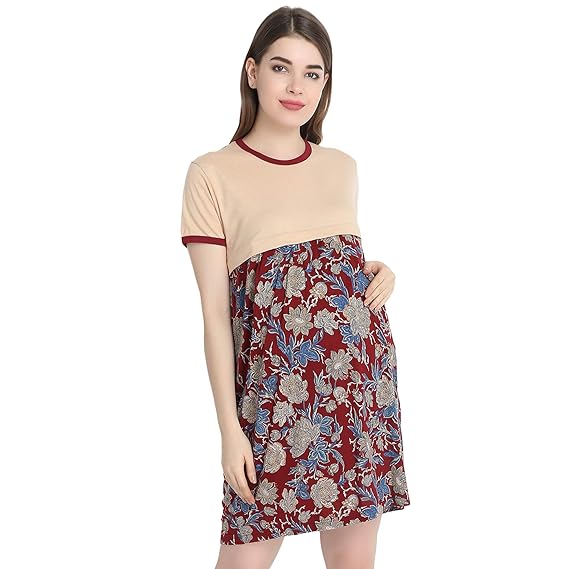 Women's Cotton Brown & Maroon Feeding Long top/Nursing/Maternity/Night Dress with Floral Print Half Sleeve/Breastfeeding Night Gown Baby Feeding Short Nighty