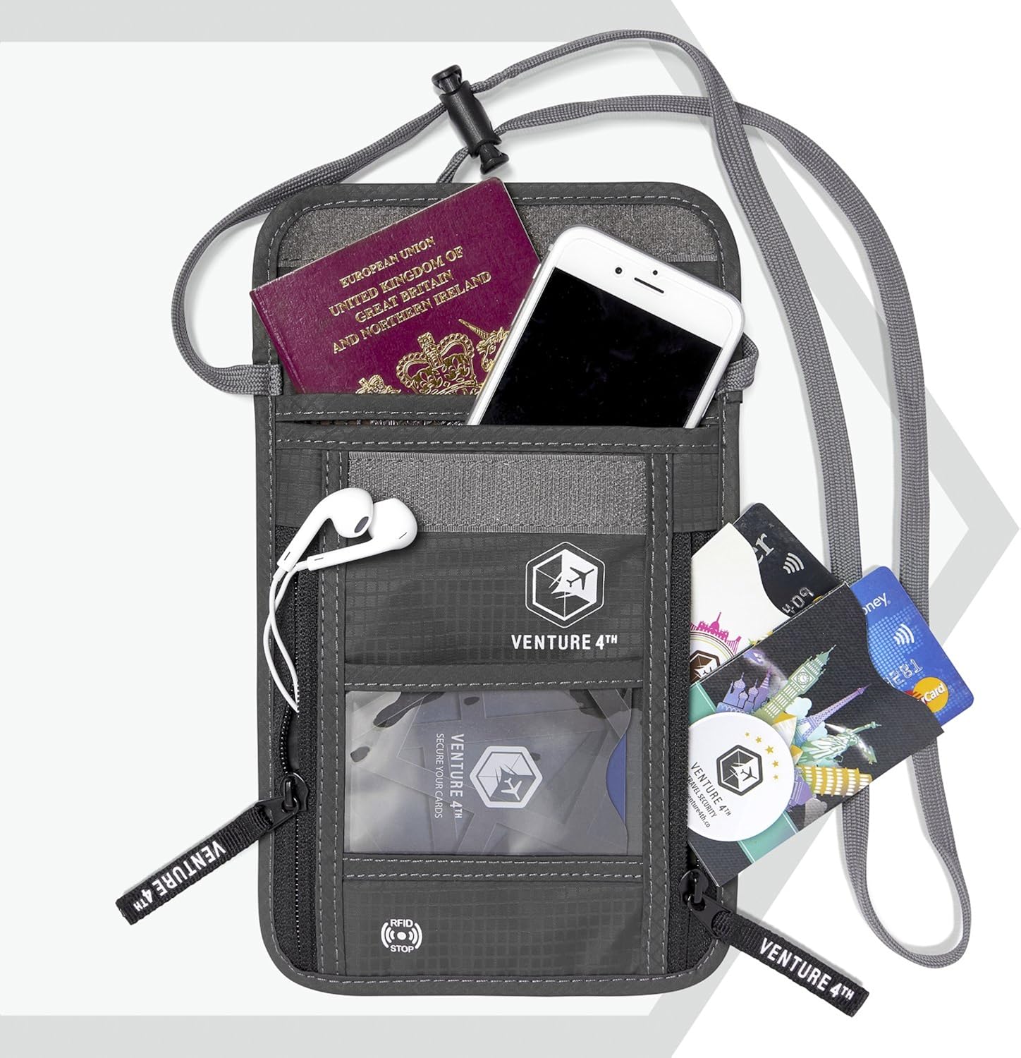  | Venture 4th Travel Neck Pouch With RFID Blocking - Travel Wallet Passport Holder (Grey) | Travel Wallets