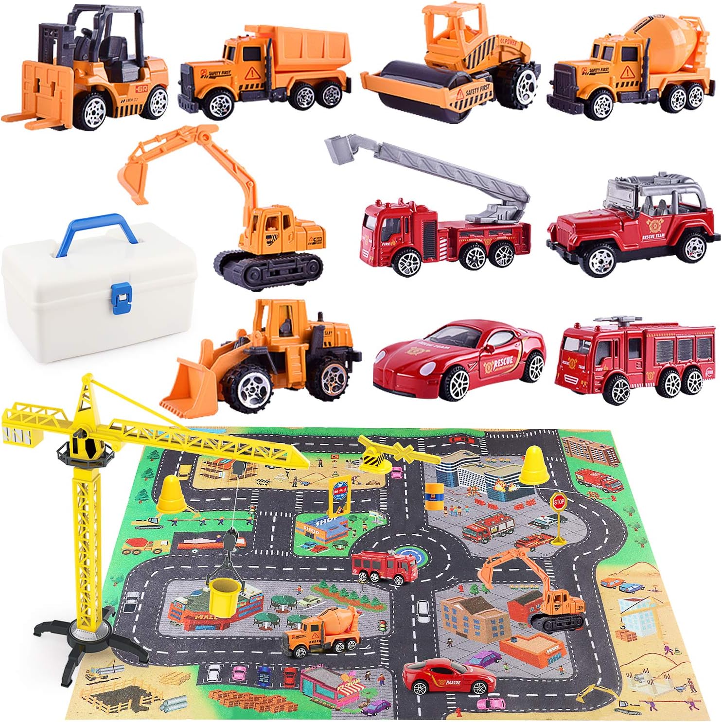 HONYAT Engineering Construction Vehicles Toys Set with Play Mat and Car Storage Box ,10 Alloy Cars Include Fire Trucks -with Accessories and Tower Crane ,Gift for Boys and Girls Ages 3-12.: Toys & Games