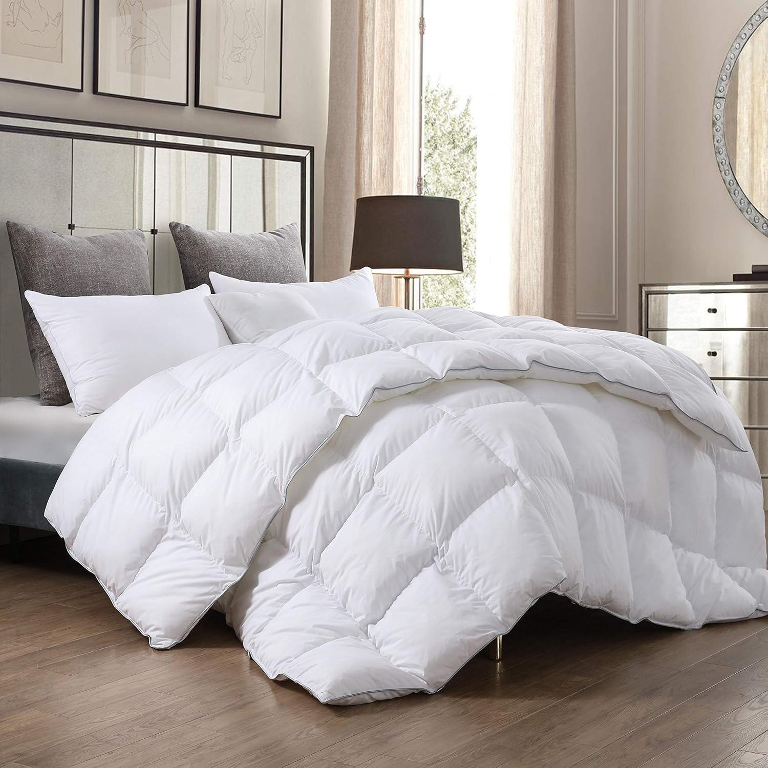 Dorrin Nessin Luxury Goose Down Comforter King Size,Duvet Insert,100% Egyptian Cotton Fabric, 700Fill Power, Gray Piping, Down Proof with Tabs,Hypoallergenic for All Season,White Color