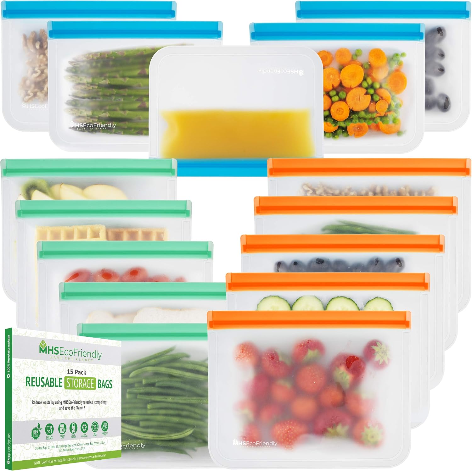 MHSEcoFriendly® Reusable Freezer Bags 15-Pack, Multicolour, 15-Bags (3 Sizes: M, L, XL)