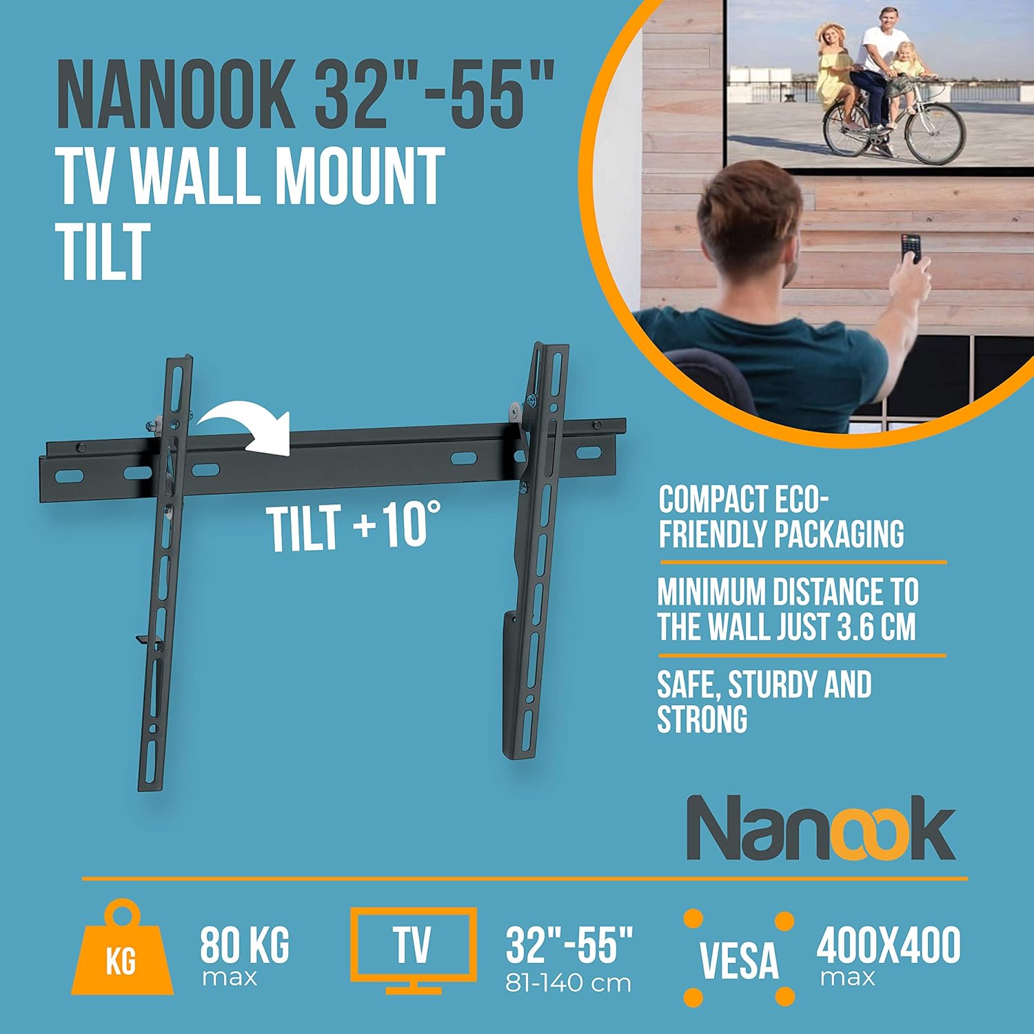 NANOOK 5392010 TV tiltable wall mount for 32-55 inch television, Black, 32 - 55" - Image 3