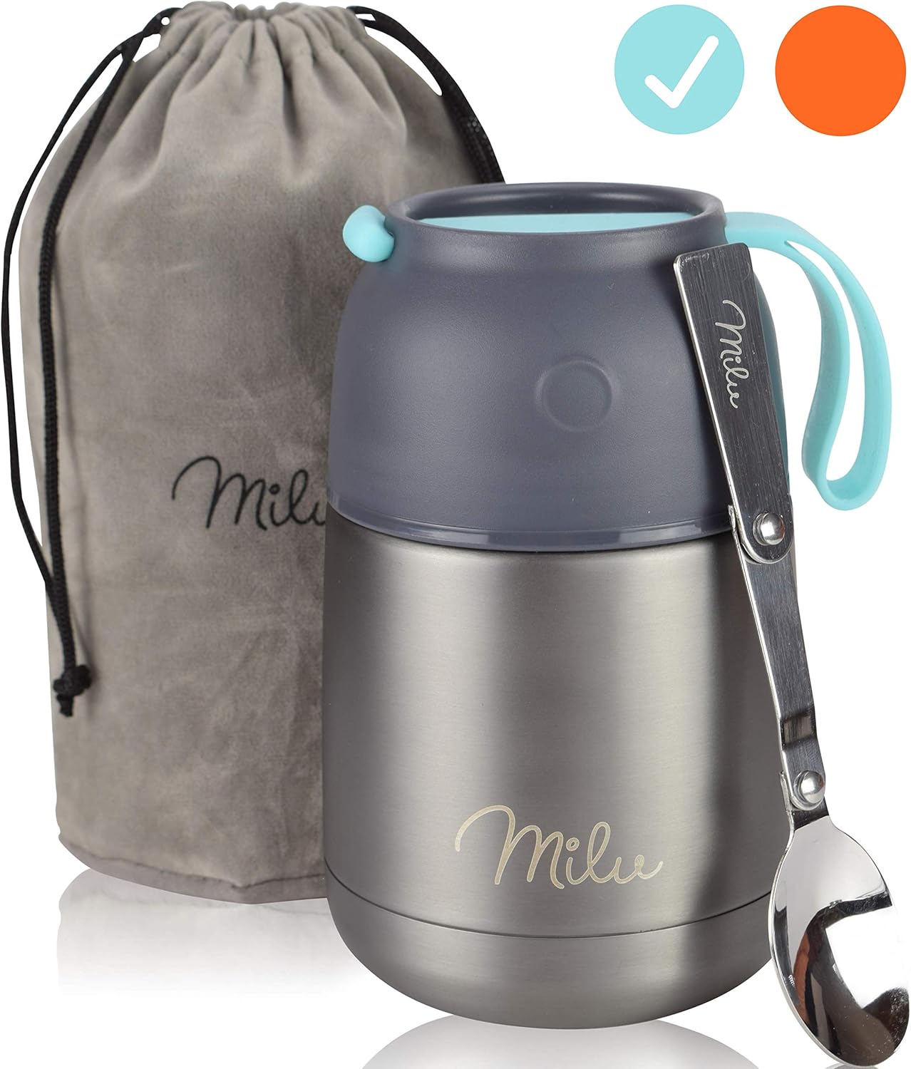 Milu Food Flask for Hot Food, 450ml Leakproof Insulated Stainless Steel Thermal Lunch Box, Soup Container with Spoon