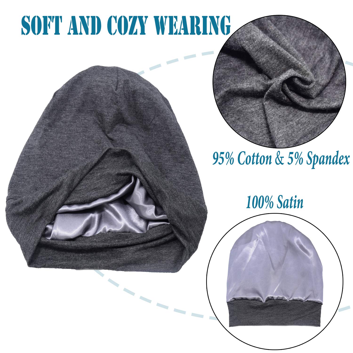 ELLEWIN Satin Lined Sleep Cap Frizzy Hair Slap Bonnet Baggy Slouchy Night Beanie Hat (A-Grey)